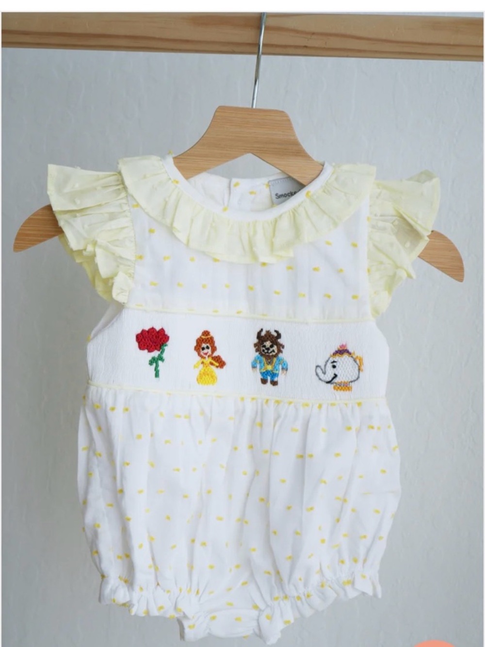 Yellow & White Disney Princess Ruffle Baby Romper with Embroidered Characters